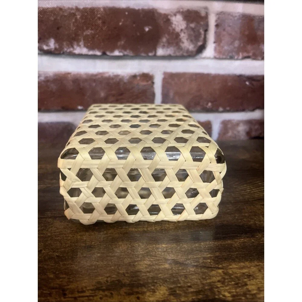 Vintage Wicker Wrapped Square Whiskey (?) Bottle With Metal Cap; has cork inside